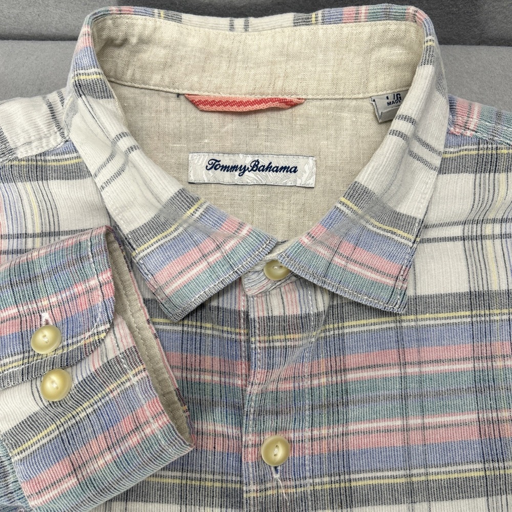 Tommy Bahama Corduroy Shirt Mens Large Blue Pink Plaid Long Sleeve Cotton